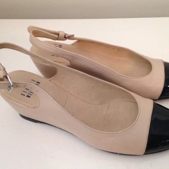 Stuart Weitzman Wedge Leather Beige & Black Patent Cap Toe Slingback NIB 6.5 M… - Picture 5 of 7